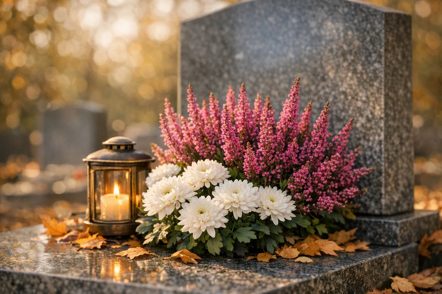 Tumba sueca decorada con corona, crisantemos y farol de cementerio