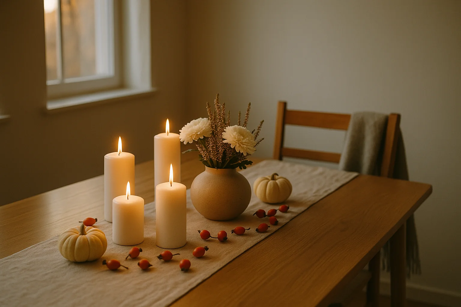 Mesa nórdica con velas blancas, ramo otoñal y camino de mesa de lino para el Día de Todos los Santos