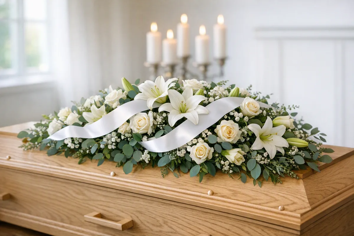 Centro fúnebre de lirios y rosas blancas sobre el féretro