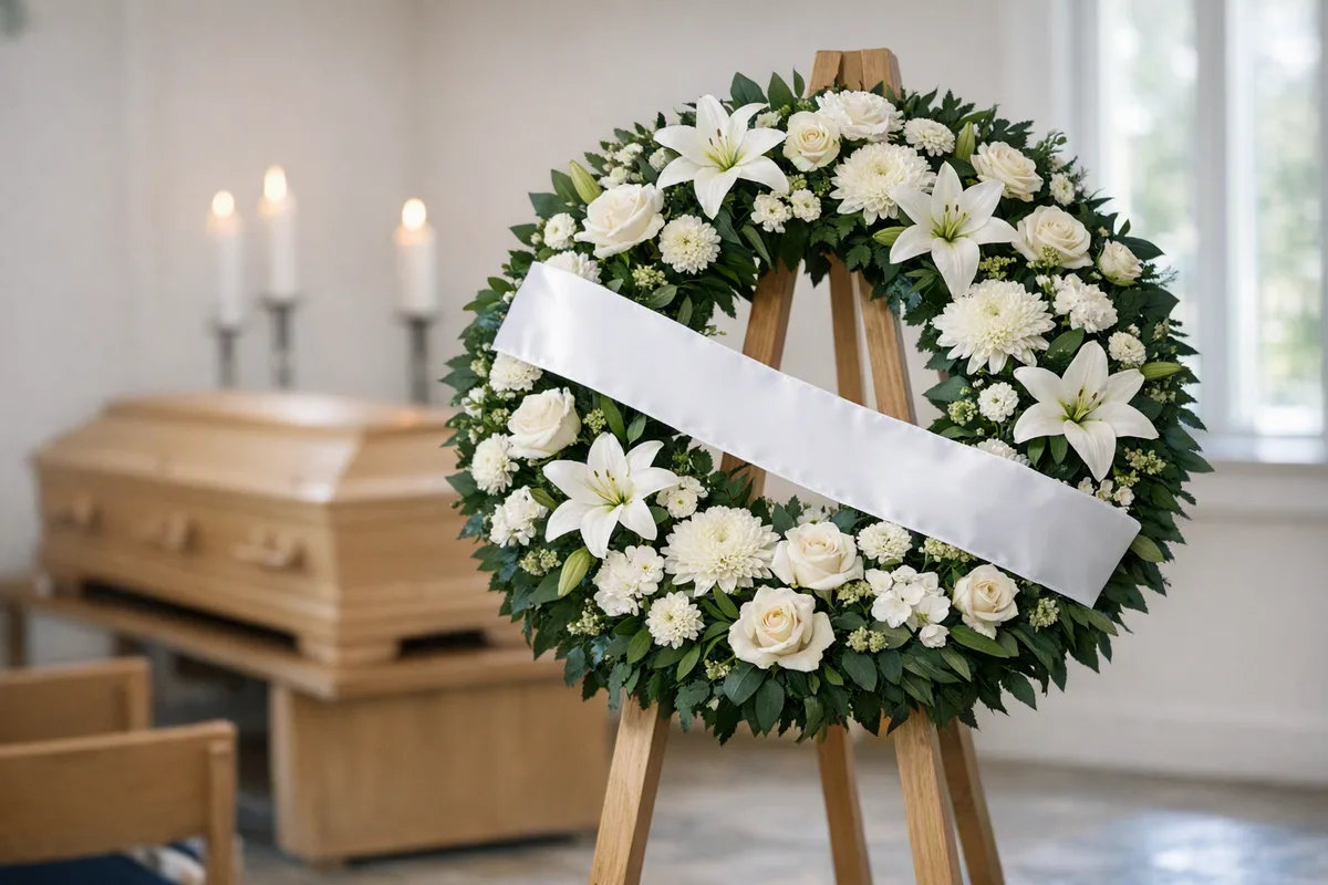 Corona fúnebre de lirios y rosas blancas sobre caballete con cinta